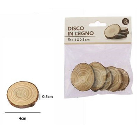 Set 5 Pezzi Dischi Disco Di Legno Decorativo Per Ornamento 4x0.5cm Rotondo 72106