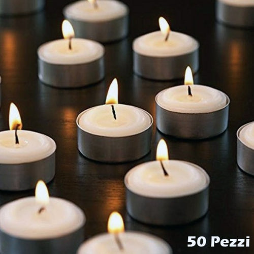 Set 50 Pz. Tealight Candele Tea-light In Cera Bianca Tonde 575gr Durata 4 Ore