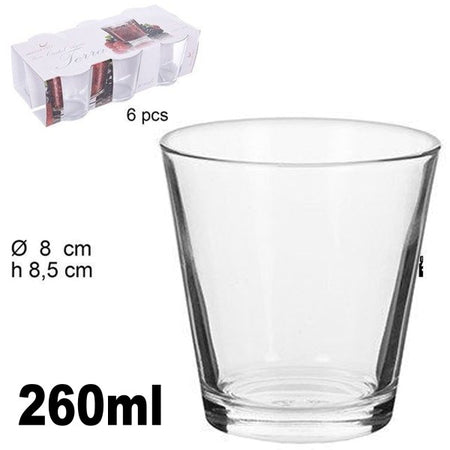 Set 6 Bicchieri Trasparenti 260ml In Vetro Da Tavola Acqua Diametro 8cm H 8,5cm