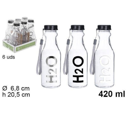 Set 6 Pz Bottiglia D'acqua H2o Vetro Trasparente 420ml Borraccia Laccetto 109286