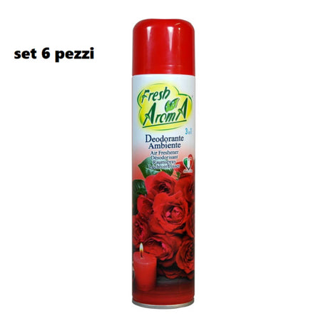 Set 6 Pz Deodorante Per Ambiente Spray Profumo Casa Fresco 300 Ml Rose Rosse