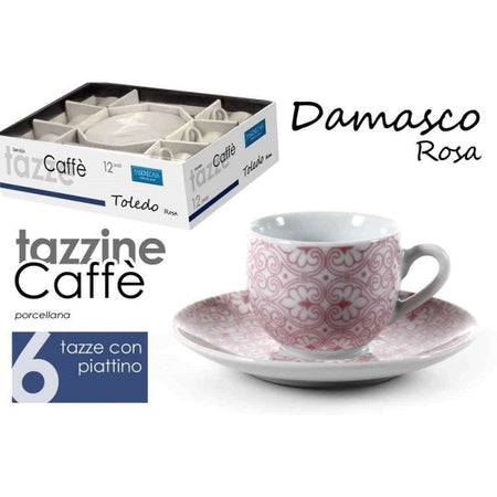 Set 6 Pz Tazzine Caff? + 6 Piattini Tazzina Classico Moderno Damasco Rosa 720390