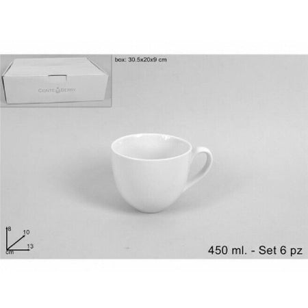 Set 6 Tazze In Porcellana Bianca Servizio Tazza Per Latte Colazione Mug 450ml