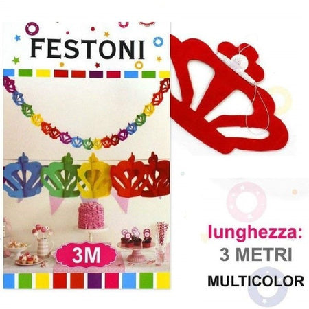 Set 3 Pezzi Festoni Carta Corona 3 Metri Colorati Multicolor Bandierine Feste