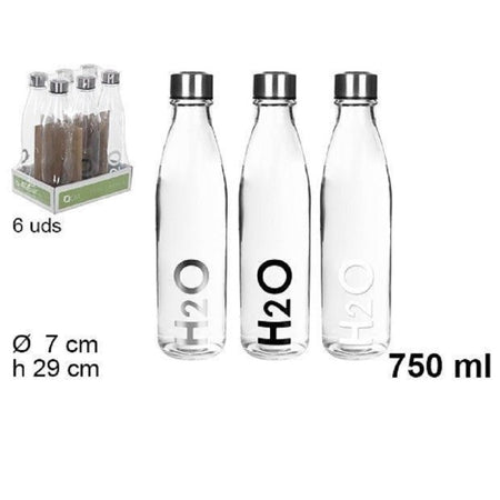 Set 6pz Bottiglia D'acqua H2o Vetro Trasparente 750ml Borraccia Assortita 109285
