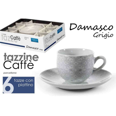 Set 6pz Tazzine Caff? Piattino Classico Moderno Damasco Grigio Porcellana 720383