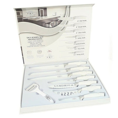 Set 7 Coltelli Da Cucina In Acciaio Manico Antiscivolo Piu Pelapatate White