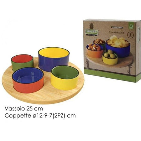 Set Aperitivo 5pz Antipastiera Con Base In Bamboo E Ciotole In Ceramica Colorate