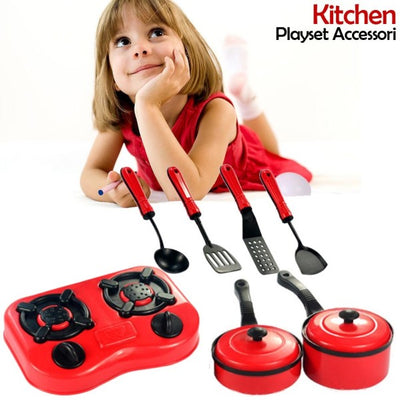 Set Cucina Per Bambine 7pz Con Piano Cottura Stoviglie Pentole E Accessori Gioco