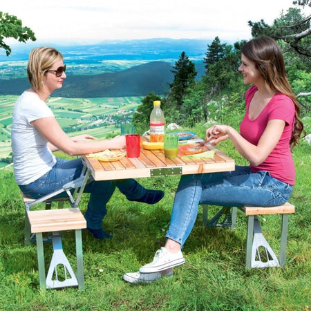 Set Tavolo Tavolino Pieghevole Pic Nic Campeggio Alluminio Con 4 Sgabelli Legno