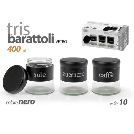 Set Tris Barattoli Sale Zucchero Caff? Metallo In Vetro 400ml Nero 9x10cm 816598