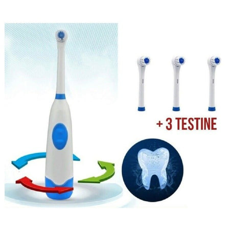 Spazzolino Elettrico Denti Testa Rotante Con 3 Testine Batteria Base Igiene