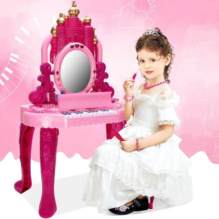 Specchiera Make Up Per Bambina Con Luci Suoni Tastiera Pianola E Sgabello 2in1