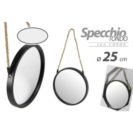 Specchio 25 Cm Con Corda Specchiera Parete Tondo Moderno Nero In Metallo 777042