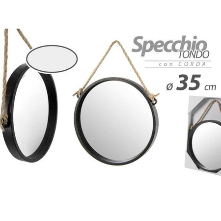 Specchio 35 Cm Con Corda Specchiera Parete Appeso Muro Tondo Moderno Nero 777059