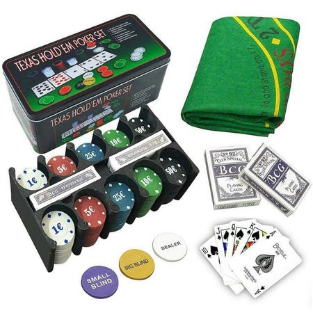 Set da poker professionale 200 fiches 2 mazzi di carte da gioco 1 tappeto  da gioco e scatola in metallo - commercioVirtuoso.it