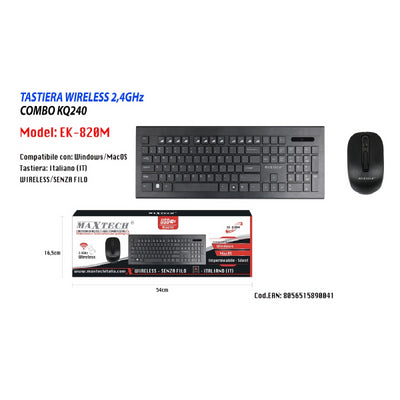 Tastiera Mouse Wifi Wireless Impermeabile 2.4ghz Computer Laptop Pc Maxtech Ek-820m