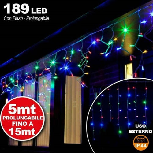 Tenda Cascata Luminosa Multicolore 510x90 Cm Prolungabile Fino A 15mt 189 Led