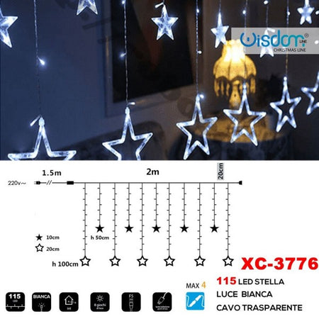 Tenda Luminosa Natalizia 115 Led Con Stelle Luce Bianca Cavo Trasparente Xc-3776