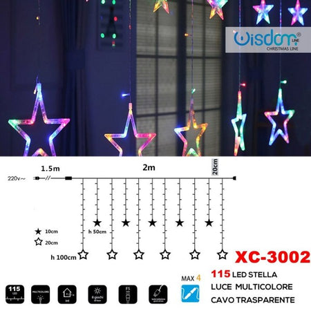 Tenda Luminosa Natalizia 115led Stelle Luce Multicolore Cavo Trasparente Xc-3002