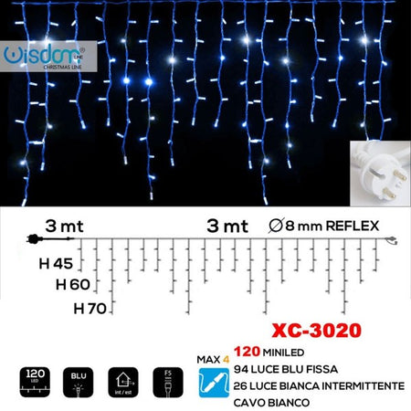 Tenda Luminosa Natalizia 120 Led Luce Blu Fissa + Bianca Intermittente Xc-3020