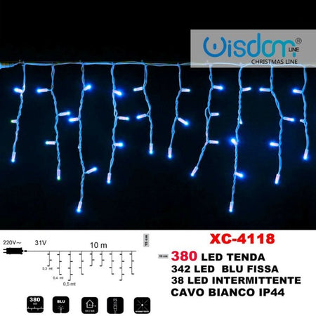 Tenda Luminosa Natalizia 380 Led Luce Blu Fissa + Intermittente Ip44 Xc-4118
