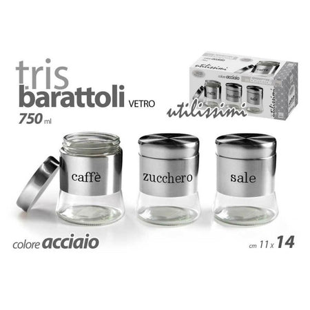 Tris Barattoli Barattolino 750ml 11x14cm Vetro Sale Zucchero Caffe 772016 Acciaio