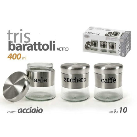 Tris Barattoli Colore Acciaio In Vetro 9x10cm 400 Ml Sale Zucchero Caffe' 816604
