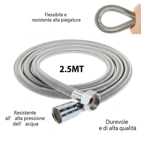 Tubo Flessibile Soffione Doccino Per Doccia Vasca Bagno 2.5mt In Acciaio Cromato