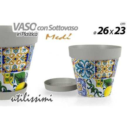 Vaso Con Sottovaso Giardino In Plastica Decoro Med? 26x23 Cm Piante Fiori 845413
