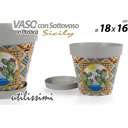 Vaso Con Sottovaso In Plastica Sicily 18x16 Cm Porta Piante Casa Giardino 845314