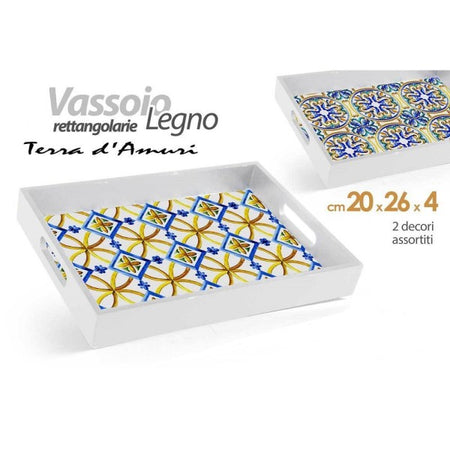 Vassoio Portata Rettangolare Legno 20x26x4cm Con Manici 2 Decori Mosaico 822124
