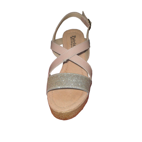 art. 4425-PATRIZIA scarpa alta taglia 38 in pelle con tacco in corda zatteroni donna con cinturino dietro marca patrizia art.4425 colore rosa e glitter platino scarpe donna L'Orchidea - Siderno, Commerciovirtuoso.it