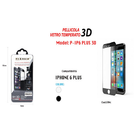 Vetro Temperato 3d Proteggi Schermo Pellicola Per Iphone 6 Plus Maxtech P-ip6 Plus 3d