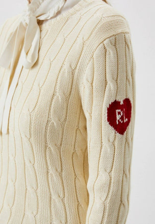 Polo Ralph Lauren Maglione Donna Bianco A Trecce Logo Rl Cuore Rosso Sulla Manica