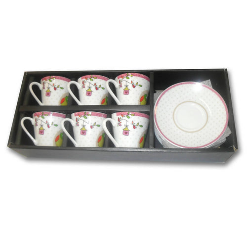 12 Pezzi Set tazzine da caffè comprende 6 tazzine + 6 piattini con fantasie Fuxia e Bianco casalinghi L'Orchidea - Siderno, Commerciovirtuoso.it