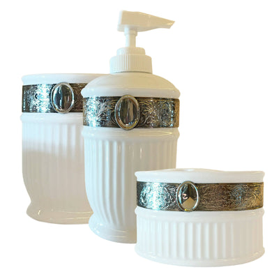 Set Bagno In Ceramica Bianca E Argento 925 Con Dispenser Sapone Liquido Bicchiere E Contenitore Per Spazzolini