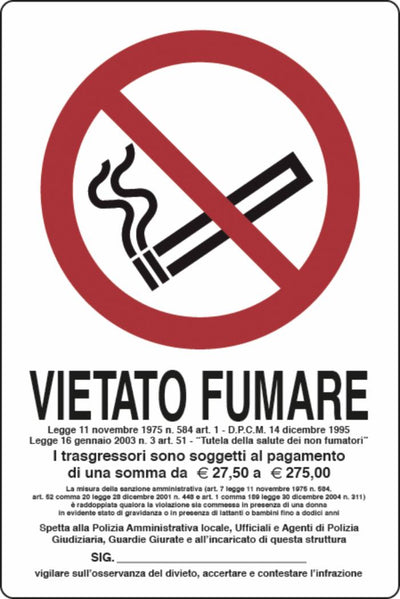 Cartello segnaletica vietato fumare con legge 30x20