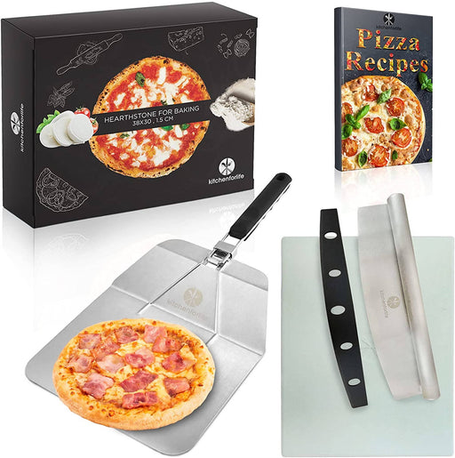Kitchenforlife Kit Pizza Completo Pietra Refrattaria Da Forno Per Pizza  (38x30x1.5) + Pala Per Pizza In Alluminio + Taglia Pizza Lama Lunga 