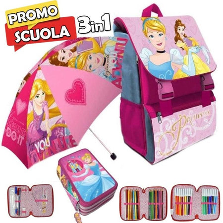 Zaino Scuola Estensibile Disney Princess Kit Completo Ombrello E Astuccio 3 Zip